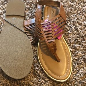 Tan t strap sandals